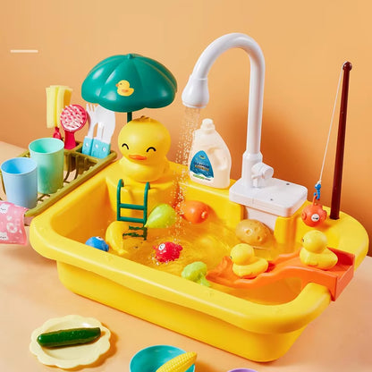 Kids Kitchen Sink Toys Electric Dishwasher Playing Toy with Running Water Pretend Play Food Fishing Toy Role Playing Girls Gift