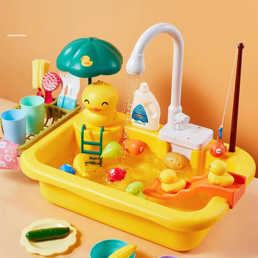 Kids Kitchen Sink Toys Electric Dishwasher Playing Toy with Running Water Pretend Play Food Fishing Toy Role Playing Girls Gift